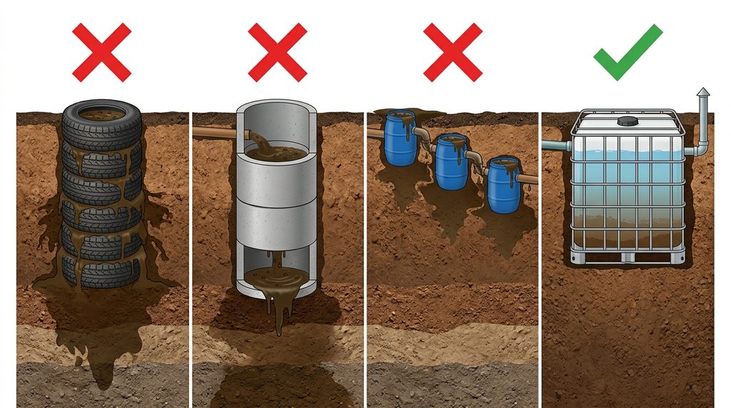 Foseptik çukuru yöntemleri karşılaştırması – lastik, beton künk, mavi varil ve IBC tank