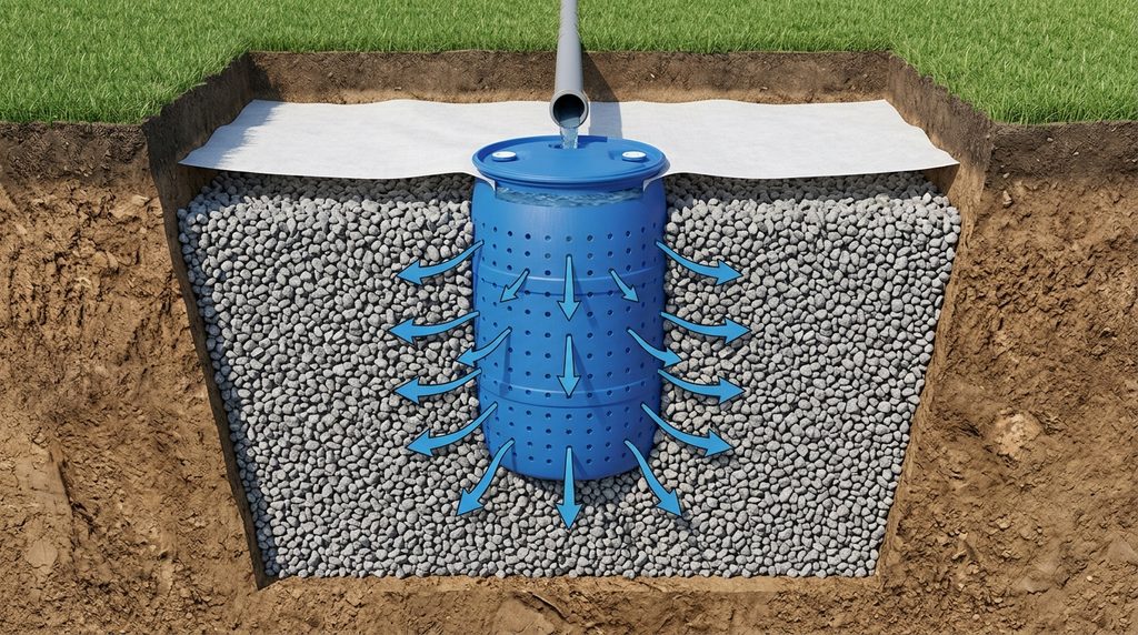 Gri su sistemi – 200 litre delikli mavi varil çakıl yatağı içinde gömülü kesit diyagramı