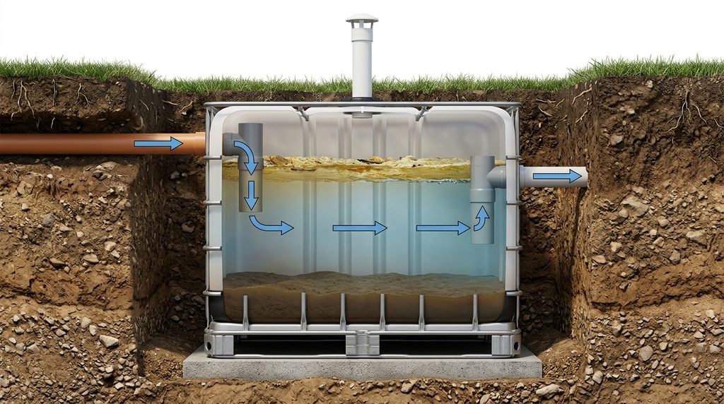 IBC tank foseptik iç yapısı – T-dirsek, havalandırma bacası ve sıvı katmanları kesit görünümü